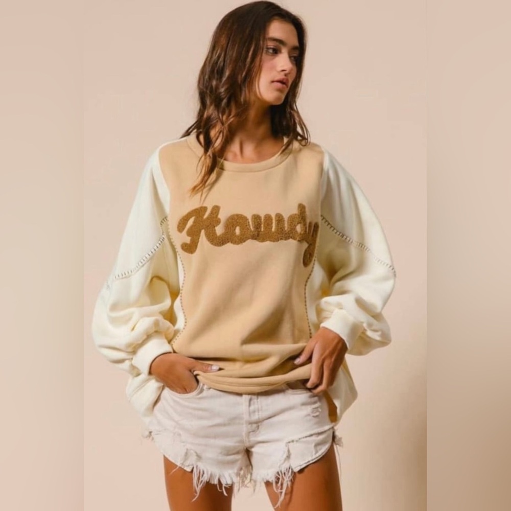 BIBI Women’s Terry Detail Howdy Latte Sweatshirt/Crewneck/Pullover | NEW/NWT🤠🤎 - Picture 3 of 9